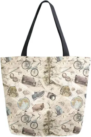 Bicycle Maps Postal Stamps Canvas Tote Bag tags) Woman Beach Bag (Shoulder Bag School Had Bag Large Reusable Handbag Lightweight for Shopping Grocery Travel Holiday Gift