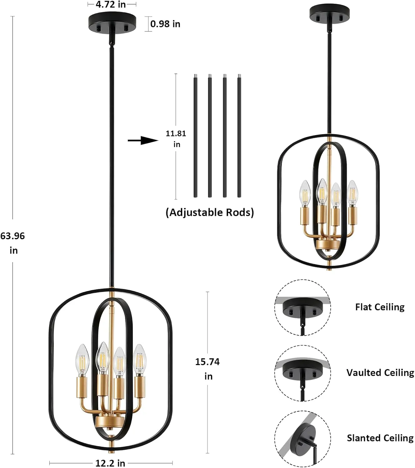 Black and Gold Chandelier for Dining Room, 4 Light Farmhouse Entryway Light Fixture, Adjustable Modern Farmhouse Chandelier Light Rustic Small Kitchen Chandelier for Entryway, Living Room, Foyer
