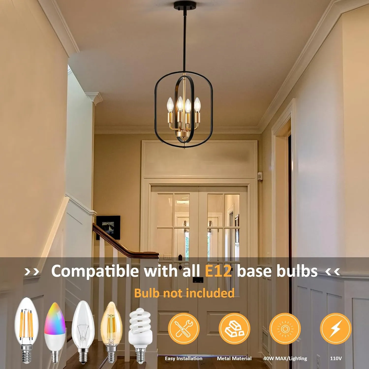 Black and Gold Chandelier for Dining Room, 4 Light Farmhouse Entryway Light Fixture, Adjustable Modern Farmhouse Chandelier Light Rustic Small Kitchen Chandelier for Entryway, Living Room, Foyer