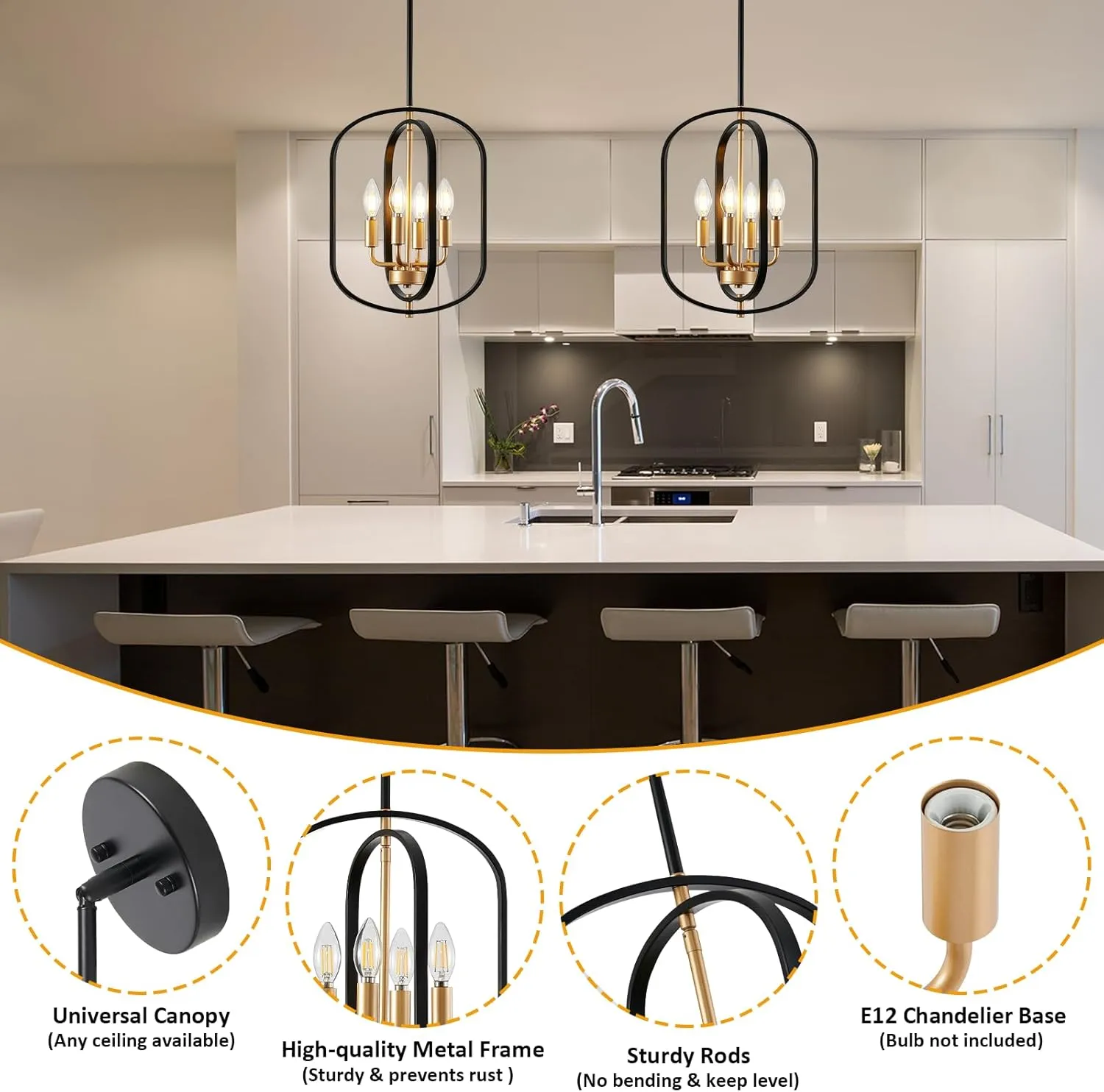 Black and Gold Chandelier for Dining Room, 4 Light Farmhouse Entryway Light Fixture, Adjustable Modern Farmhouse Chandelier Light Rustic Small Kitchen Chandelier for Entryway, Living Room, Foyer