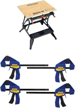 BLACK DECKER Portable Workbench, Project Center and Vise with IRWIN QUICK-GRIP Clamps, One-Handed, Mini Bar, 6-Inch, 4-Pack (WM425-A & 1964758)