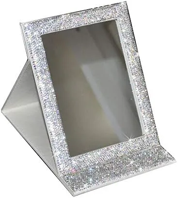 Bling Portable Mirror Folding Travel Vanity Mirror with Desktop Standing Makeup Mirror for Cosmetics Beauty (Silver)