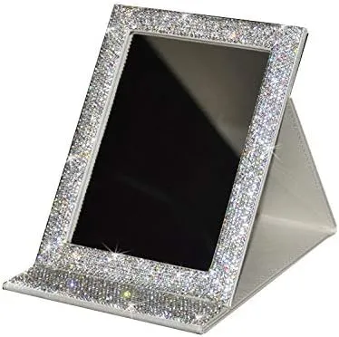 Bling Portable Mirror Folding Travel Vanity Mirror with Desktop Standing Makeup Mirror for Cosmetics Beauty (Silver)