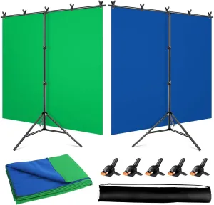 Blue Green Screen Backdrop with Stand Kit, 5 x 6.5 ft Portable Chromakey Blue Green Screen Stand with T-Shaped Stand & Carrying Bag & 5 Clamps, Greenscreen Background with Stand for Streaming, Gaming