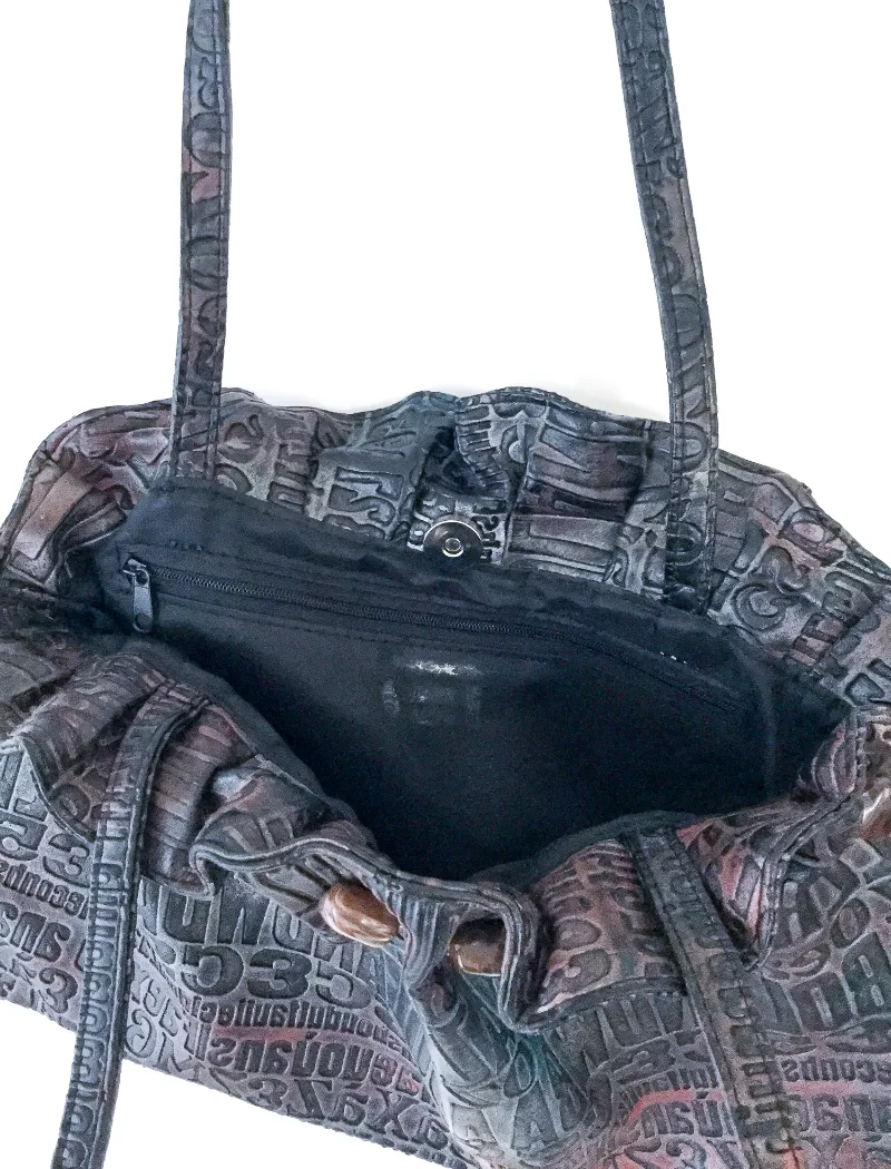 Boho metallic embossed typography bag with gemstone trim