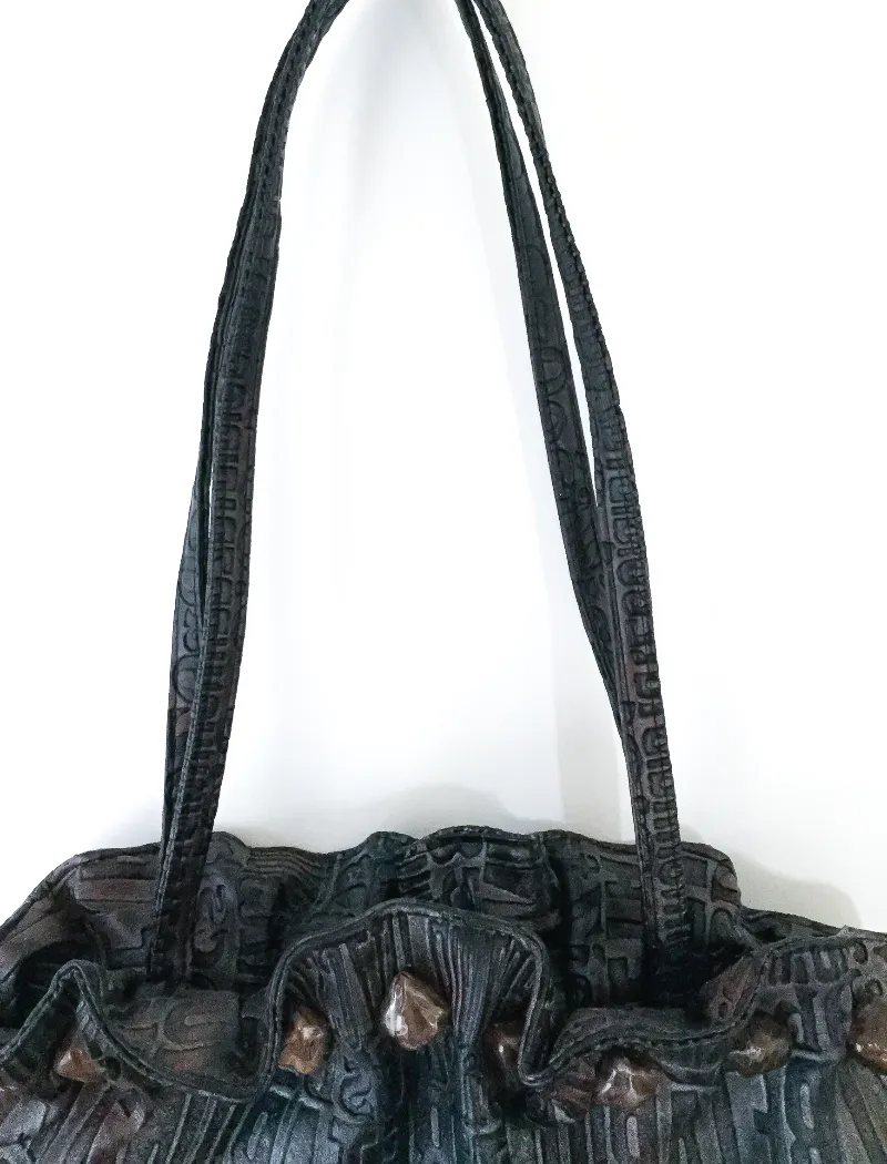 Boho metallic embossed typography bag with gemstone trim