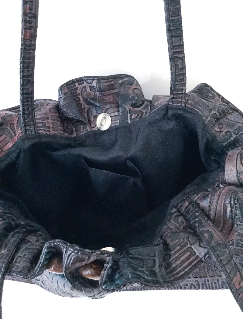 Boho metallic embossed typography bag with gemstone trim