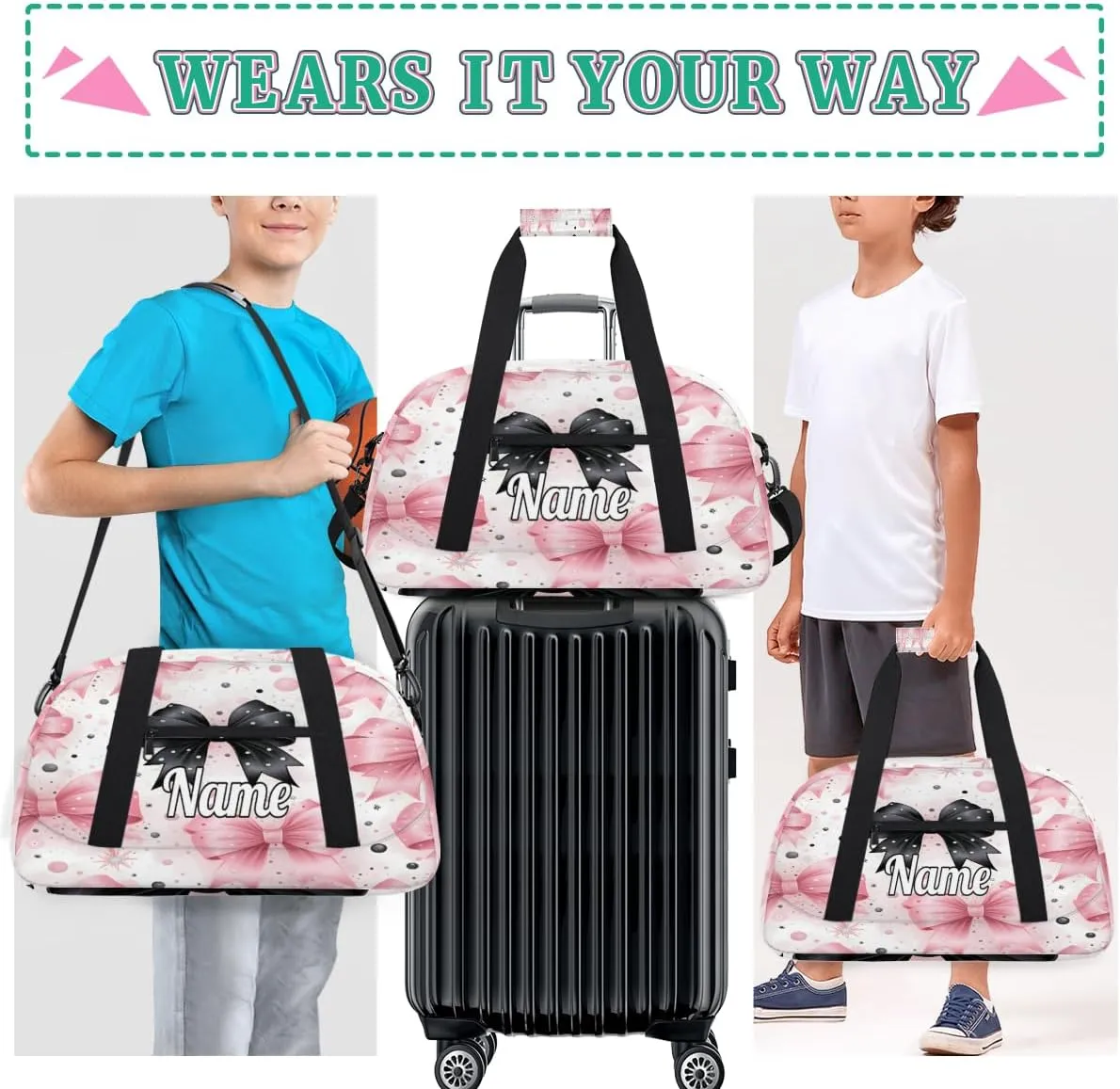Bow Tie Pattern Personalized Kids Gym Bag Custom Dance Bag with Name Sport Duffel Bag for Girls Boys Weekender Overnight Travel Bag
