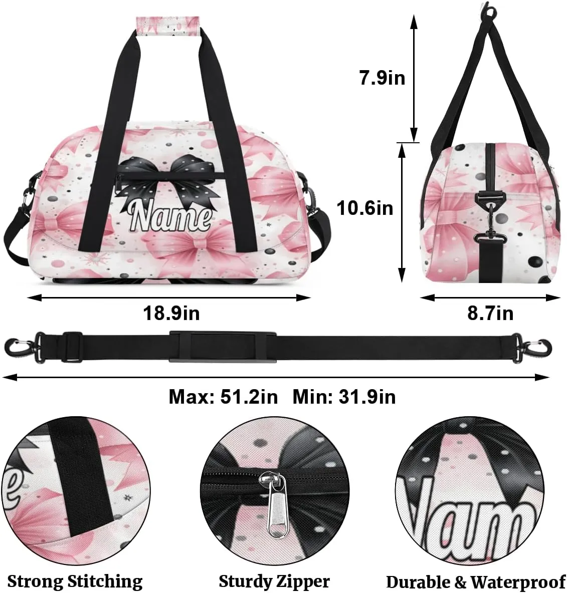 Bow Tie Pattern Personalized Kids Gym Bag Custom Dance Bag with Name Sport Duffel Bag for Girls Boys Weekender Overnight Travel Bag