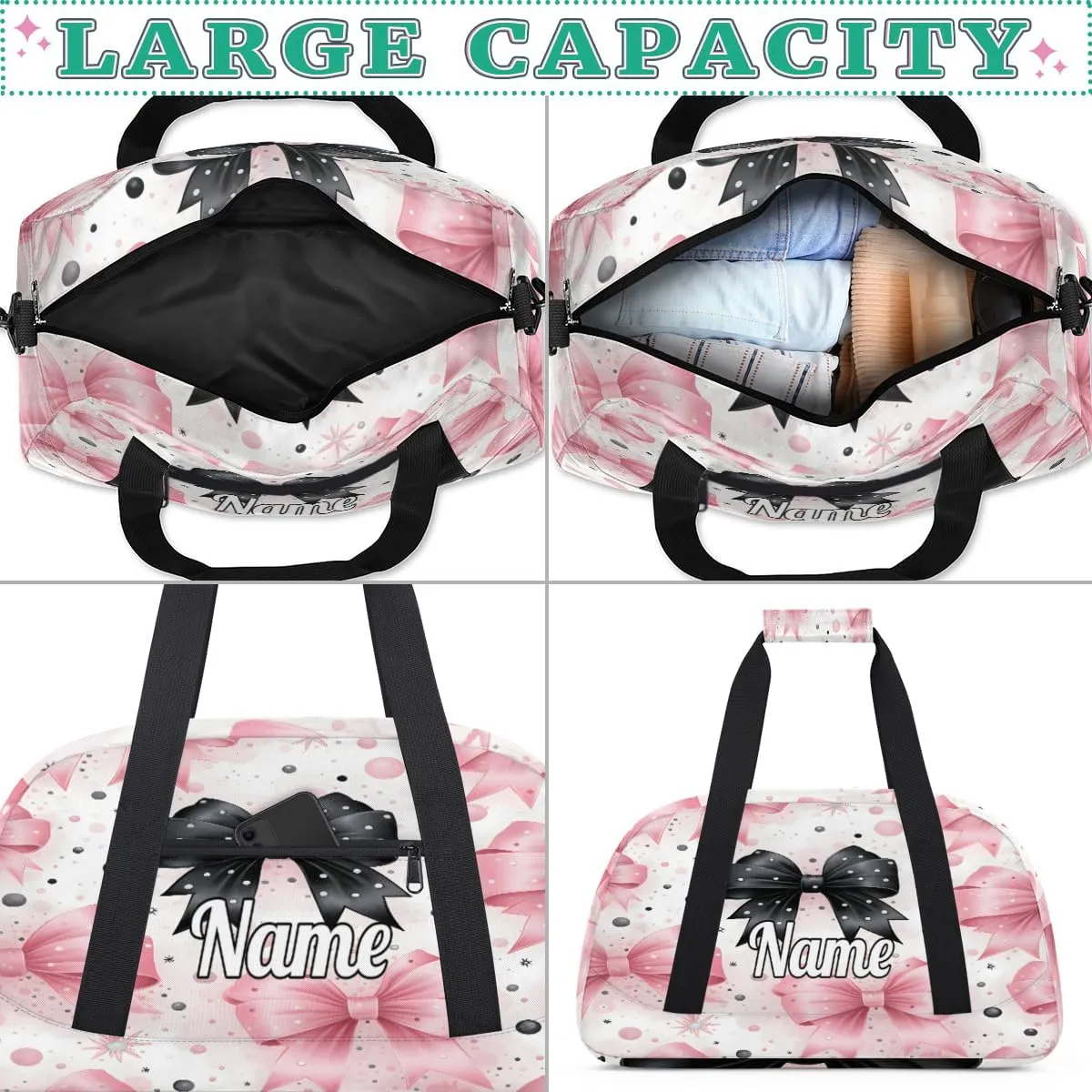 Bow Tie Pattern Personalized Kids Gym Bag Custom Dance Bag with Name Sport Duffel Bag for Girls Boys Weekender Overnight Travel Bag
