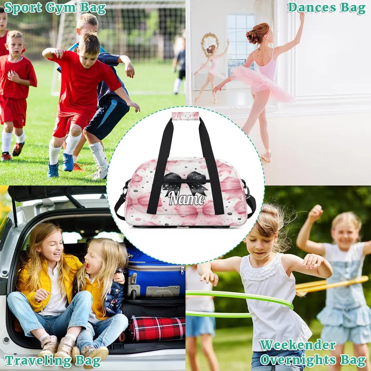 Bow Tie Pattern Personalized Kids Gym Bag Custom Dance Bag with Name Sport Duffel Bag for Girls Boys Weekender Overnight Travel Bag