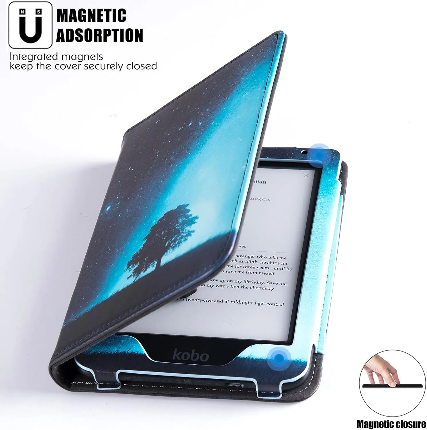 BOZHUORUI Stand Case for 6" Kobo Colour/Colour BW/Clara 2E e-Reader - Premium PU Leather Sleeve Cover with Two Hand Straps/Auto Sleep/Wake (Vast Starry Sky)