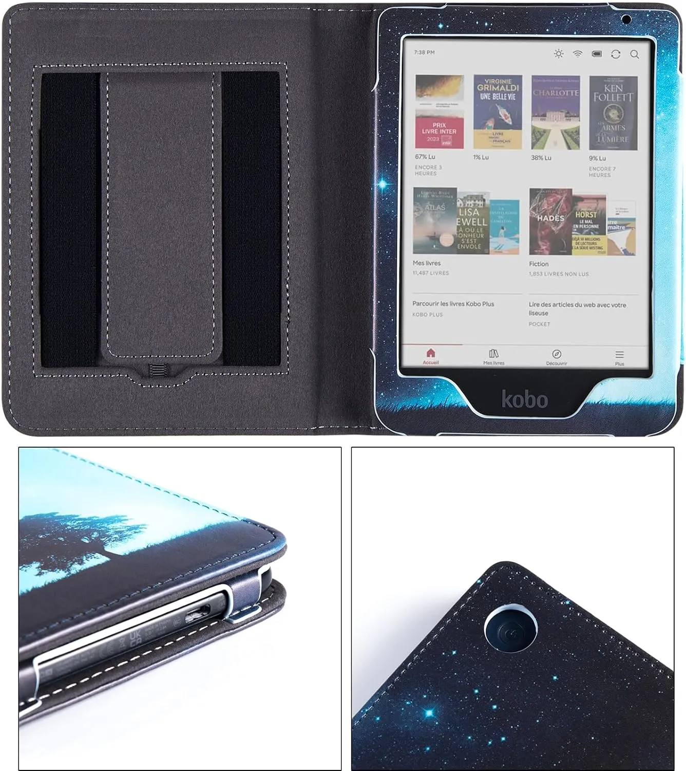 BOZHUORUI Stand Case for 6" Kobo Colour/Colour BW/Clara 2E e-Reader - Premium PU Leather Sleeve Cover with Two Hand Straps/Auto Sleep/Wake (Vast Starry Sky)