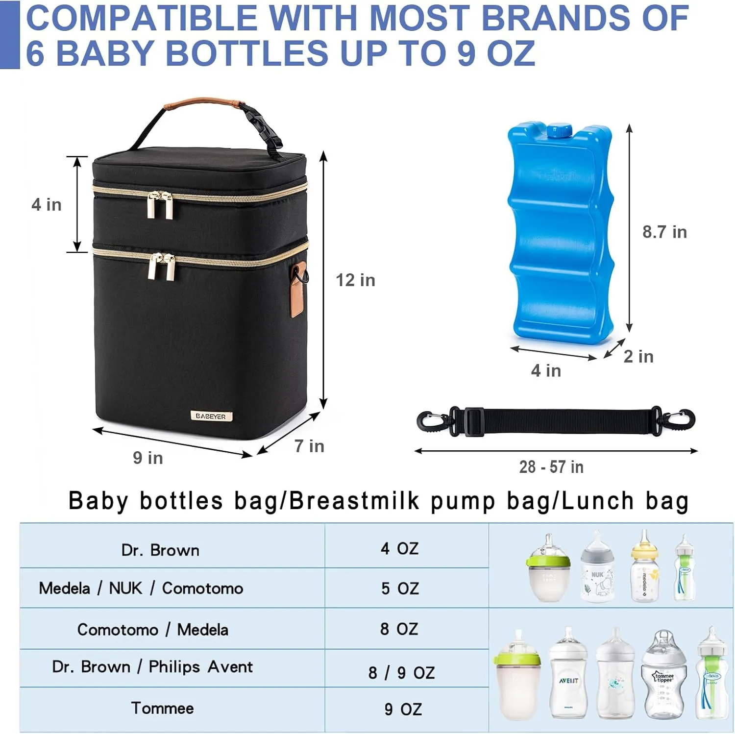 Breastmilk Cooler Bag with Ice Pack Fits 6 Baby Bottles Up to 9 Ounce