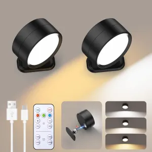 Brightown LED Magnetic Wall Sconce Lights, 2 Pack USB Rechargeable Wall Mounted Lights with Remote, 3 Lighting Colors and Dimmable, 360° Rotation Cordless Wall Mount Lamp for Bedroom, Black Black - 2 Pack