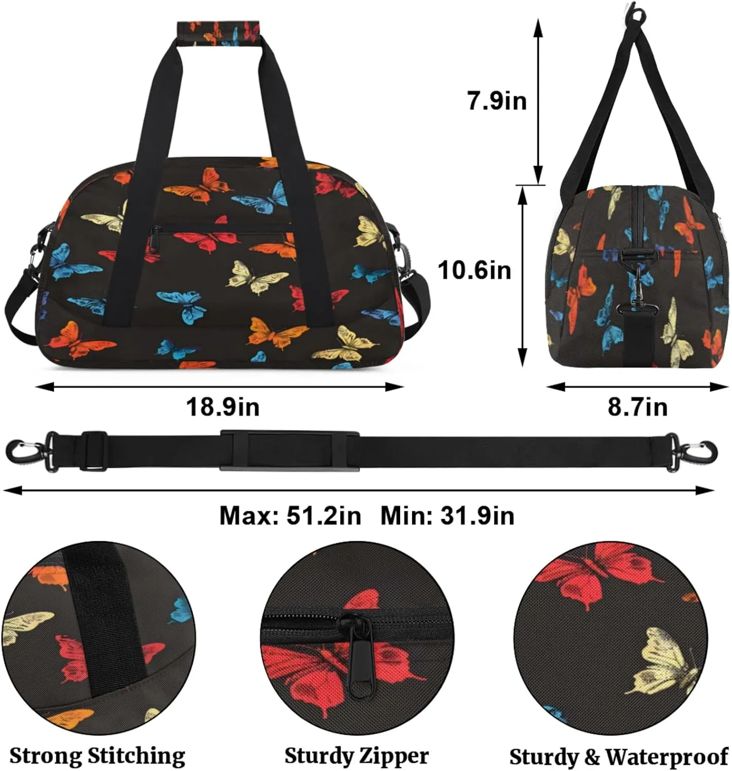 Butterflys Gym Bag for Women Men, Sports Travel Duffel Bag Lightweight Workout Bag Carry On Overnight Weekender Bag