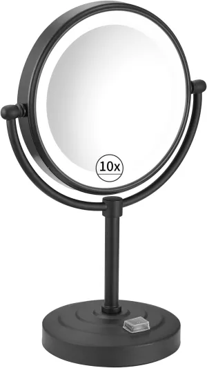 BWE Double Sided 1X/10X Magnifying Matte Black Modern Makeup Mirror with Stand for Dressing Room & Bedroom,Rechargeable Lighted Desktop Vanity Mirror with with 360 Degree Swivel Magnifying Mirror.