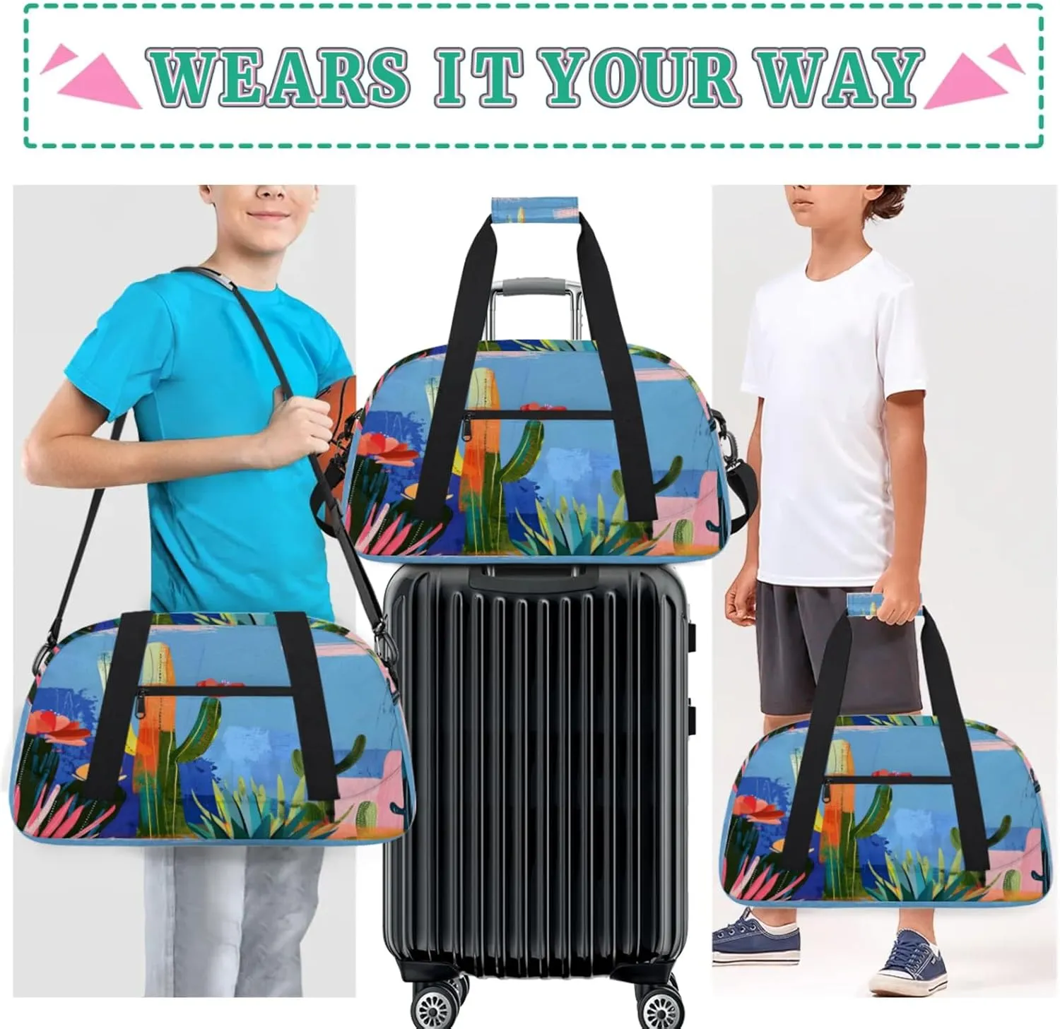 Cactus Flowers Gym Bag for Women Men, Sports Travel Duffel Bag Lightweight Workout Bag Carry On Overnight Weekender Bag