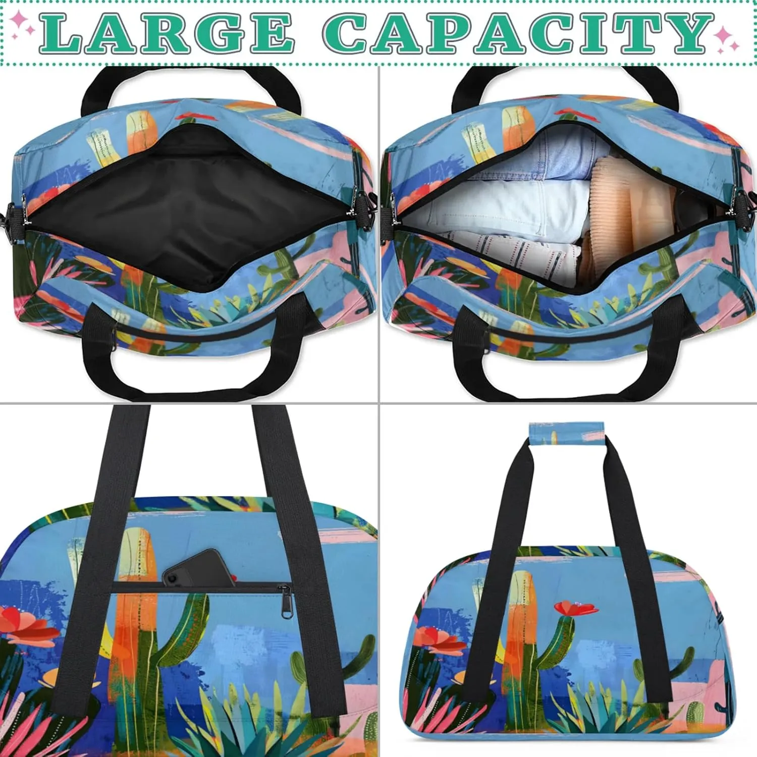 Cactus Flowers Gym Bag for Women Men, Sports Travel Duffel Bag Lightweight Workout Bag Carry On Overnight Weekender Bag