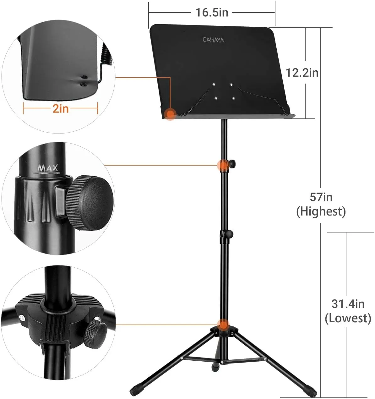 CAHAYA 5 in 1 Dual-use Sheet Music Stand & Desktop Book Stand Metal Portable Solid Back Height Adjustable from 31.4-57in with Book Stand Support, Carrying Bag, Sheet Music Folder and Clip