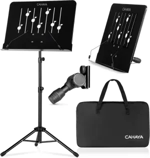 CAHAYA Music Stand for Sheet Music: Dual-use Sheet Music Stand Floor Music Book Stand Portable Height Adjustable from 31.4-57in with Tabletop Support, Carrying Bag, and Clip Unique Quaver Design