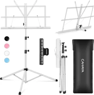 CAHAYA Portable Sheet Music Stand: Dual Use Desktop Book Holder Folding Lightweight Extra Stable Reinforced with Carrying Bag and Clip for Students Musicians Height Adjustable up to 54.3" CMS0204W