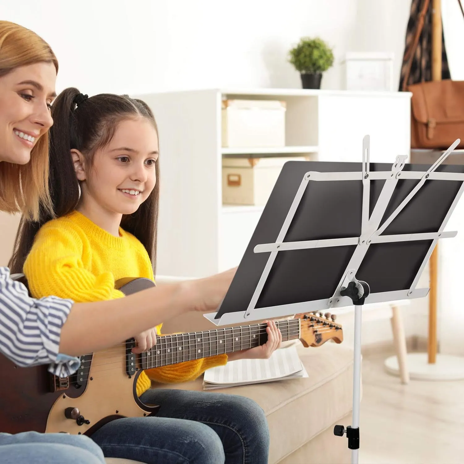 CAHAYA Portable Sheet Music Stand: Dual Use Desktop Book Holder Folding Lightweight Extra Stable Reinforced with Carrying Bag and Clip for Students Musicians Height Adjustable up to 54.3" CMS0204W