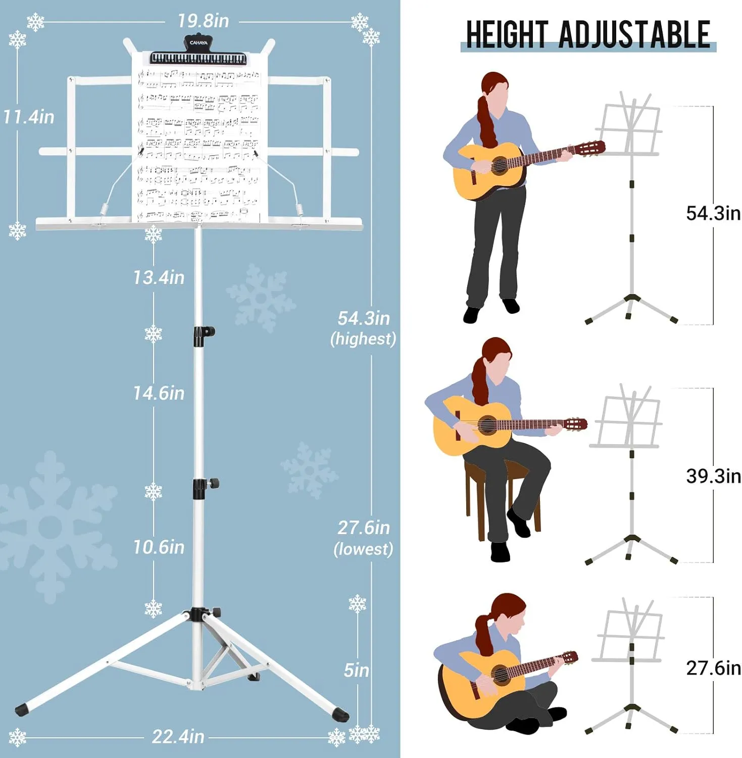 CAHAYA Portable Sheet Music Stand: Dual Use Desktop Book Holder Folding Lightweight Extra Stable Reinforced with Carrying Bag and Clip for Students Musicians Height Adjustable up to 54.3" CMS0204W