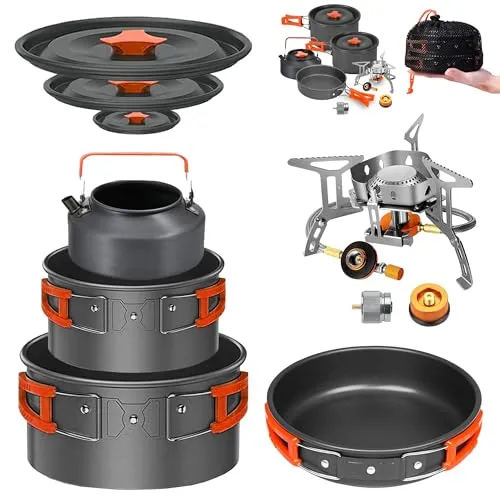 Camping Cookware Mess Kit Set w/ Stove-Backpacking Camping Pots & Pans Set