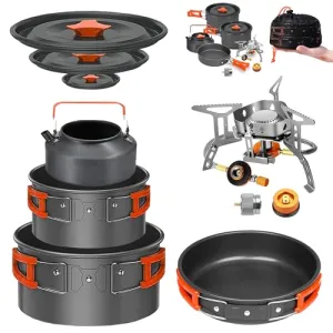 Camping Cookware Mess Kit Set w/ Stove-Backpacking Camping Pots & Pans Set