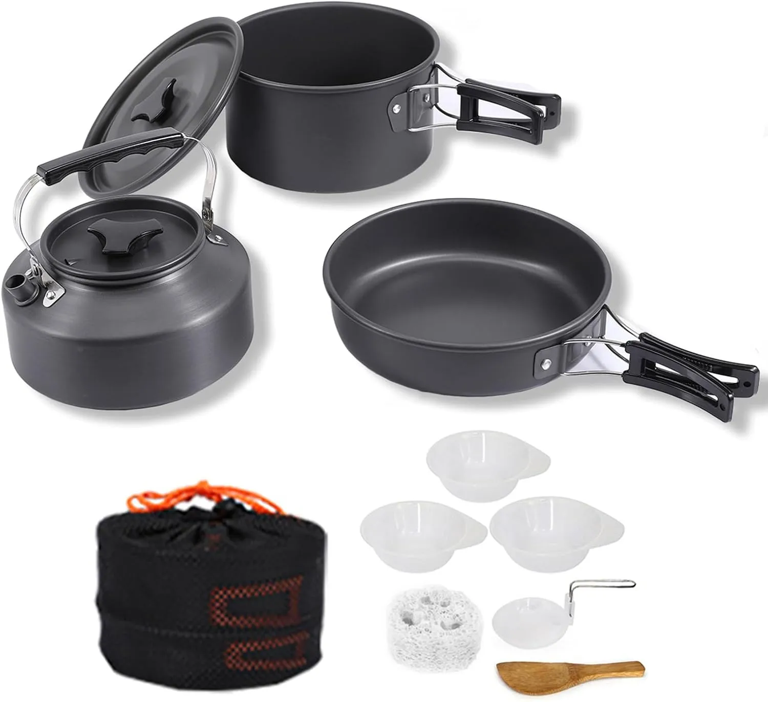 Camping Cookware Set Camping Gear, Pot Frying Pan Set Heat-Resistant Non-Stick Lightweight Pot Set All in One Non-Stick Camping Cooking Set, Portable Stove, Hiking, Picnic, Outdoor Black