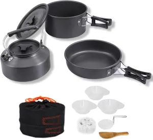 Camping Cookware Set Camping Gear, Pot Frying Pan Set Heat-Resistant Non-Stick Lightweight Pot Set All in One Non-Stick Camping Cooking Set, Portable Stove, Hiking, Picnic, Outdoor Black