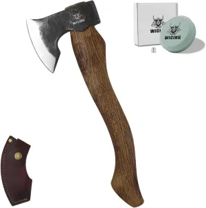Camping Hatchet - 15.2 inches Chopping Axe for Wood Splitting and Kindling, 1065 High Manganese Steel and Beech Wooden Handle, with Leather Sheath
