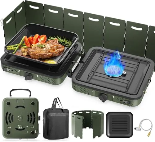 Camping Stove 2 Burner Propane Stove With Grill,Foldable Camping Stove Propane