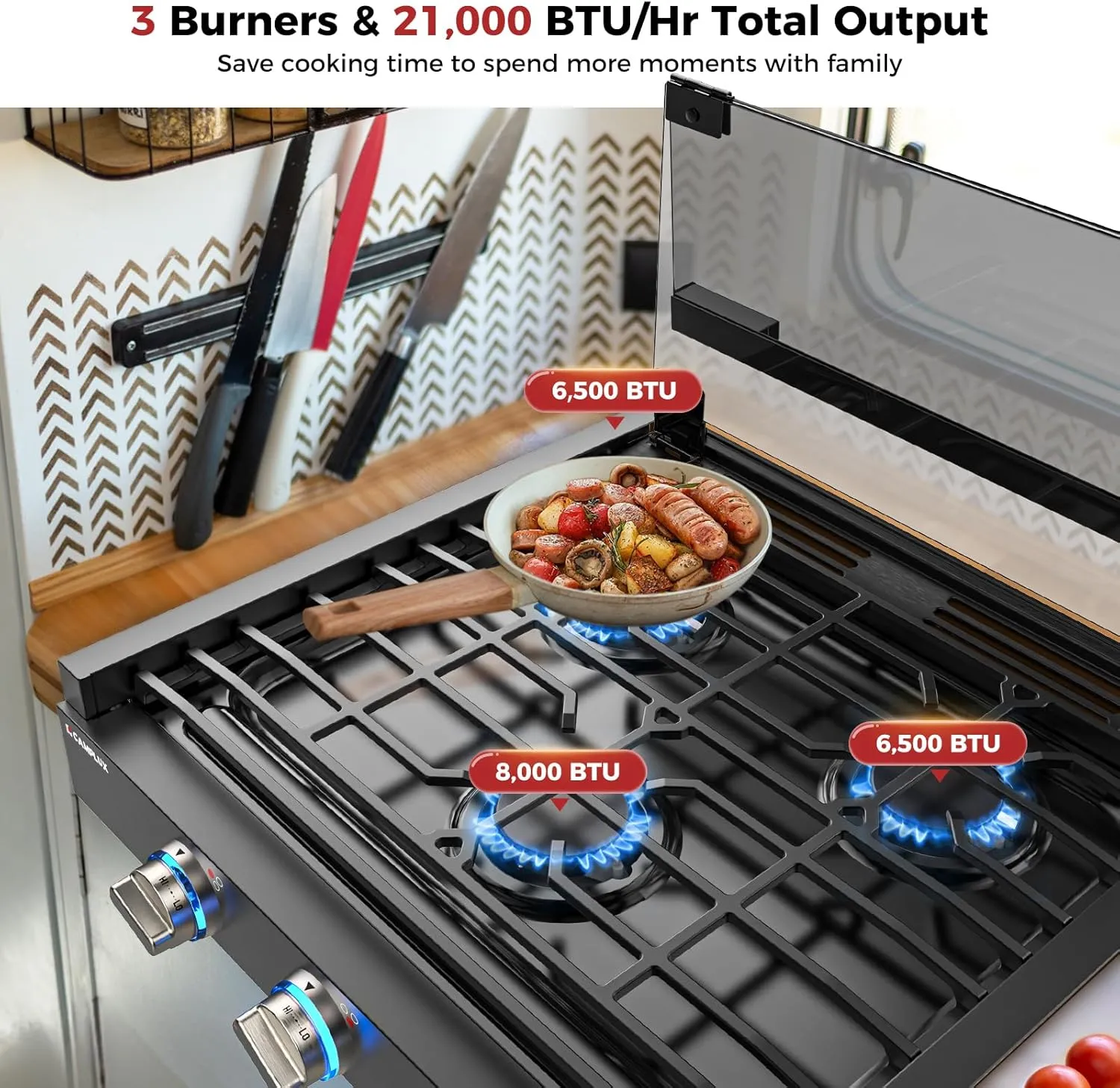 CAMPLUX Classic RV Stove 3 Burners 21,000 BTU, 21 Inches Propane Cooktop with Tempered Glass Cover, RV Stove Top, Slide-in for Camper Trailers, Motorhomes, and Boats, Black RGH21IB
