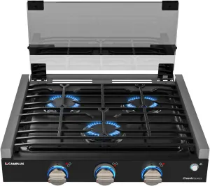 CAMPLUX Classic RV Stove 3 Burners 21,000 BTU, 21 Inches Propane Cooktop with Tempered Glass Cover, RV Stove Top, Slide-in for Camper Trailers, Motorhomes, and Boats, Black RGH21IB