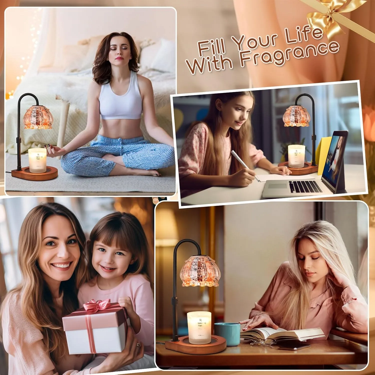 Candle Warmer Lamp with Timer, Adjustable Height Dimmable Candle Warmer Lantern, Gift for Women Glass Shade Electric Jar Candle Warming Light Holders for Home Decoration, White-Orange