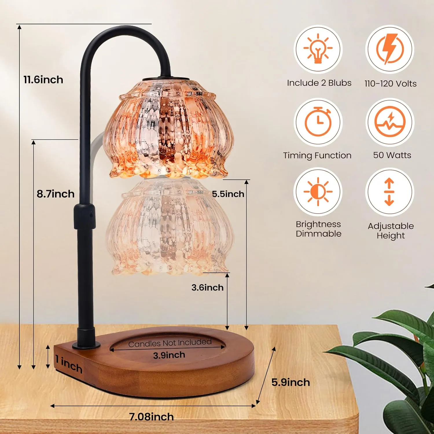 Candle Warmer Lamp with Timer, Adjustable Height Dimmable Candle Warmer Lantern, Gift for Women Glass Shade Electric Jar Candle Warming Light Holders for Home Decoration, White-Orange