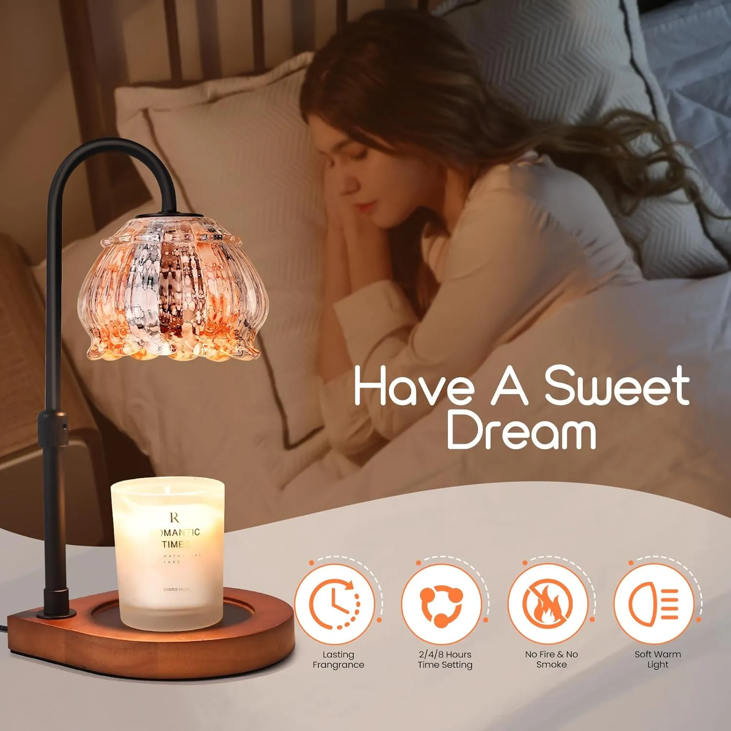 Candle Warmer Lamp with Timer, Adjustable Height Dimmable Candle Warmer Lantern, Gift for Women Glass Shade Electric Jar Candle Warming Light Holders for Home Decoration, White-Orange