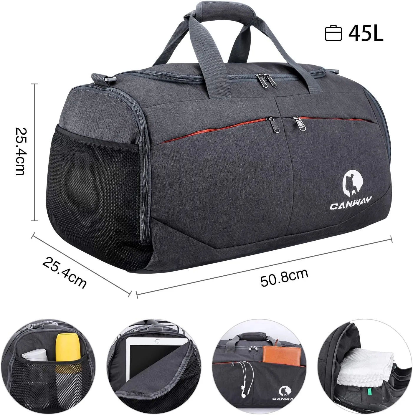 Canway Sports Gym Bag, Travel Duffel bag with Wet Pocket & Shoes Compartment for men women, 45L/40L, Lightweight