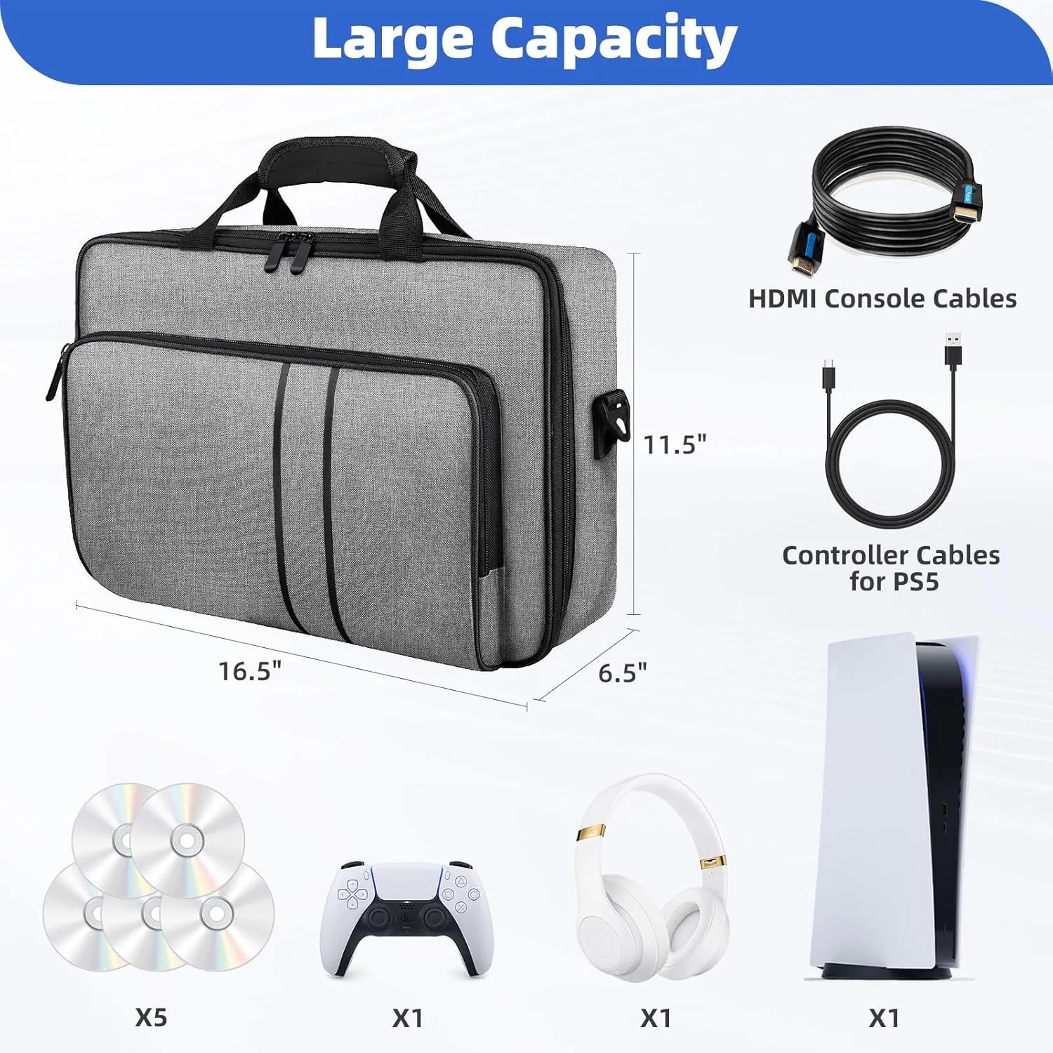 Carrying Case for PS5, Portable Carry Case Bag for Playstation 5, Protective Travel Storage Bag Compatible for PS5 Disc & Digital Edition Console, Controllers, Game Cards & Accessories, Grey
