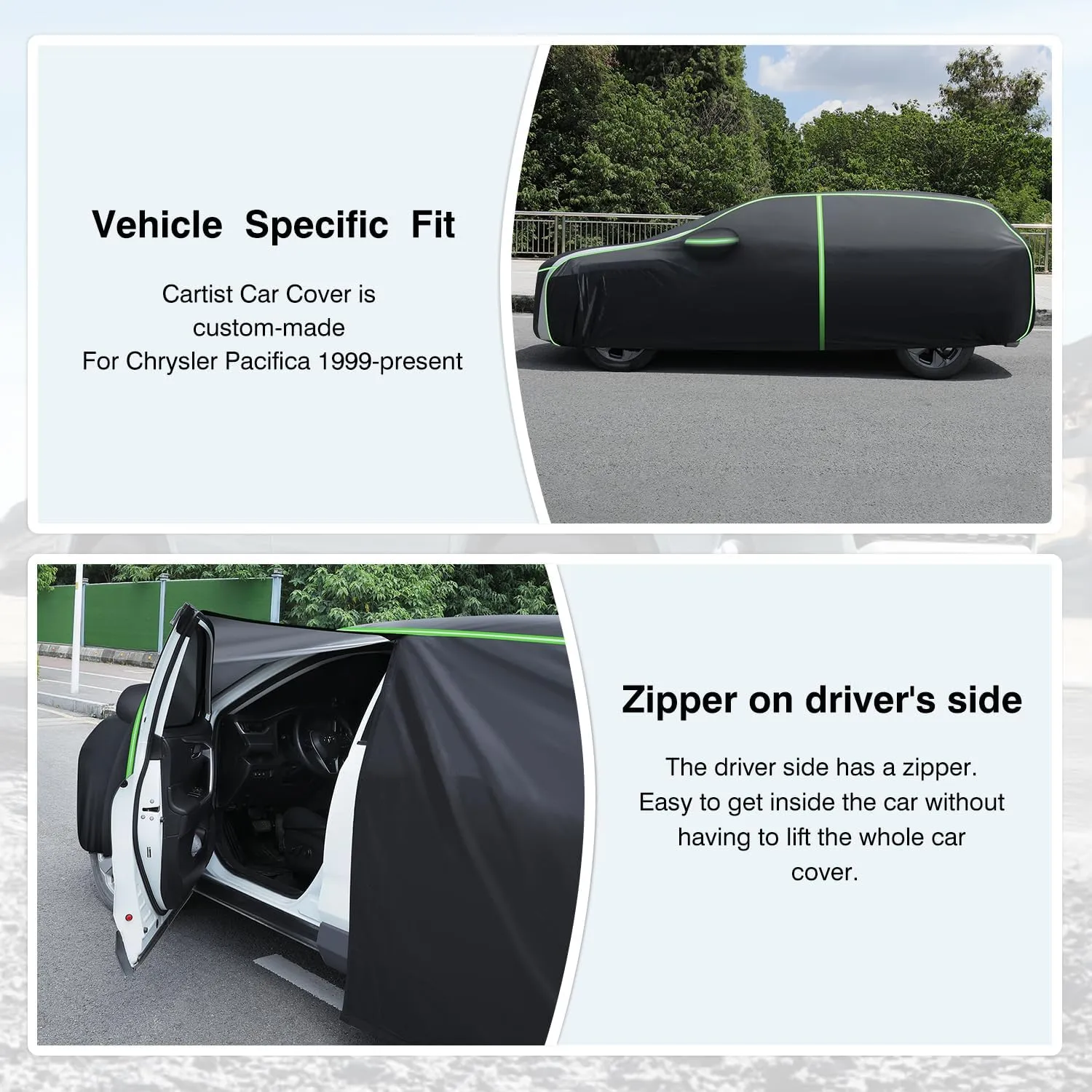 Cartist Full Car Cover Fits for Chrysler Pacifica 1999-2024 2025 Accessories All Weather Car Covers Outdoor for Pacifica Waterproof Anti UV with Zipper & Reflective Safety Strips