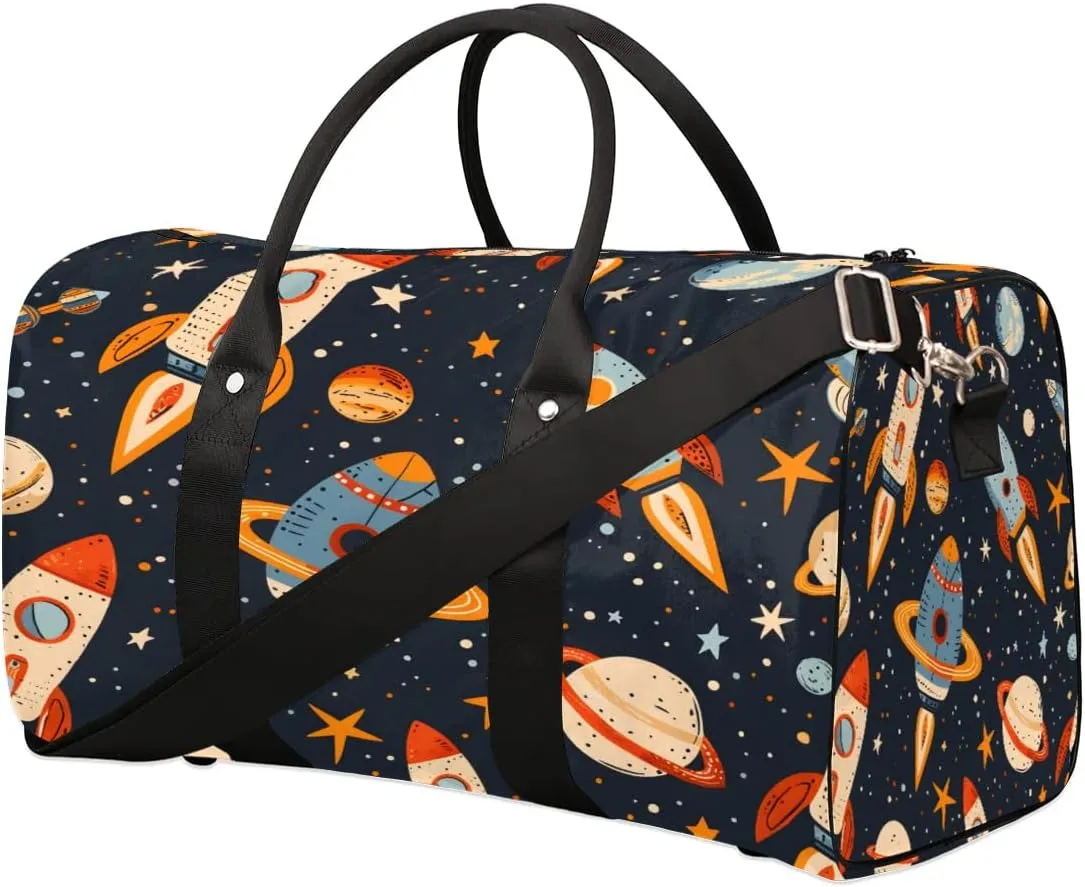 Cartoon Astronaut Planet And Rocket Travel Duffel Bag for Women Men Foldable Sport Gym Tote Bag Lightweight Waterproof Weekender Overnight Bag for Weekend Holiday Gym Swim Yoga