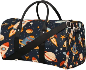 Cartoon Astronaut Planet And Rocket Travel Duffel Bag for Women Men Foldable Sport Gym Tote Bag Lightweight Waterproof Weekender Overnight Bag for Weekend Holiday Gym Swim Yoga
