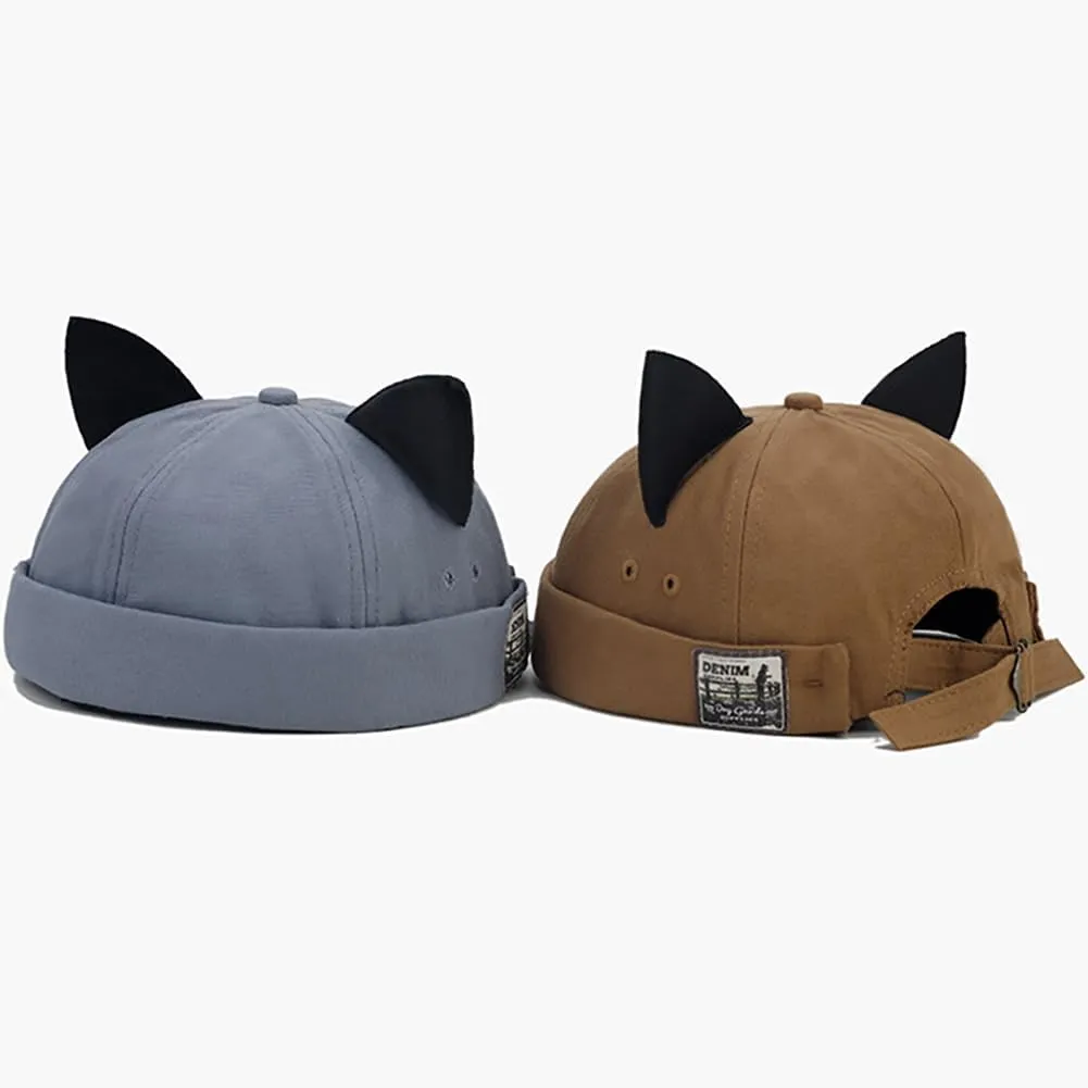 Cat Ear Docker Cap Brimless Hats Beanie for Women Men Skull Cap Worker Sailor Cap Rolled Cuff Retro Docker Hat