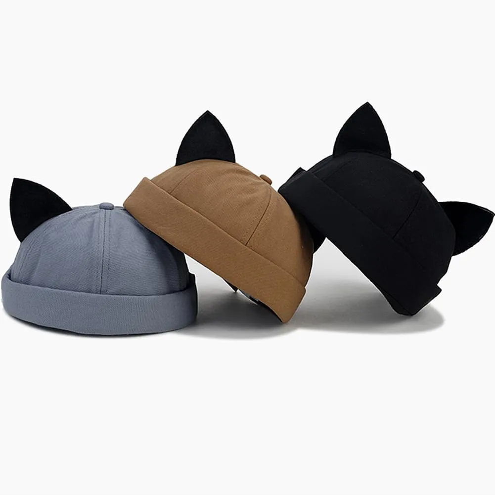 Cat Ear Docker Cap Brimless Hats Beanie for Women Men Skull Cap Worker Sailor Cap Rolled Cuff Retro Docker Hat