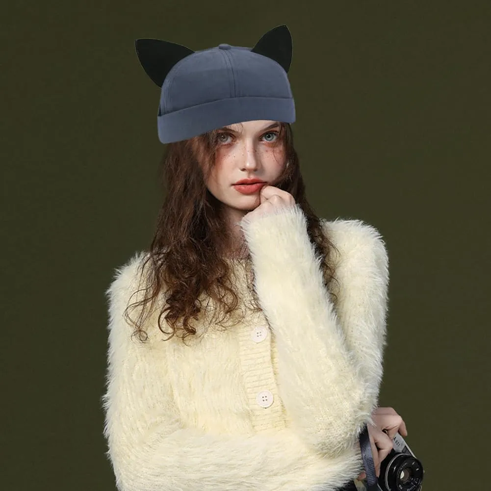 Cat Ear Docker Cap Brimless Hats Beanie for Women Men Skull Cap Worker Sailor Cap Rolled Cuff Retro Docker Hat