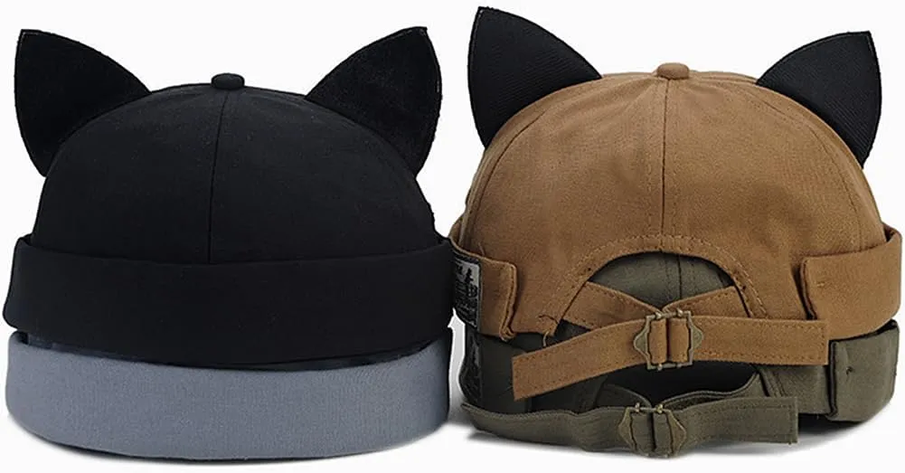 Cat Ear Docker Cap Brimless Hats Beanie for Women Men Skull Cap Worker Sailor Cap Rolled Cuff Retro Docker Hat