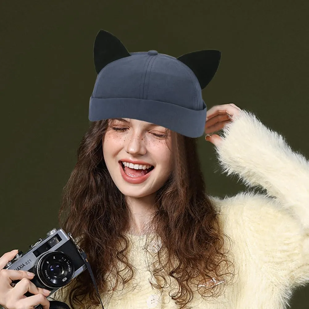 Cat Ear Docker Cap Brimless Hats Beanie for Women Men Skull Cap Worker Sailor Cap Rolled Cuff Retro Docker Hat