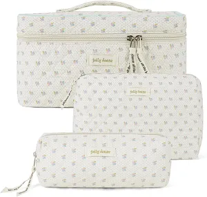 Cessfle 3PCS Cotton Quilted Makeup Bags, Cute Flower Makeup bag Set Coquette Aesthetic Cosmetic Bag Large Floral Makeup Bag for Women